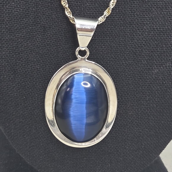Mexico 925 Sterling Silver Royal Blue Cats Eye Cabachon Pendant Necklace - Picture 3 of 10